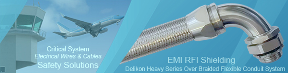 Delikon EMI RFI Shielding Heavy Series Over Braided Flexible Conduit and EMI RFI Shielding Termination Heavy Series Connector help to suppress or mitigate the threat of EMI RFI interference, physical damage to electrical wire and cables, especially in the safety critical system, such as ATC Air Traffic Control System, Airfield Lighting System, Oil and Gas Production Safety System, Metal Industry Processing Safety System, and medical equipment.