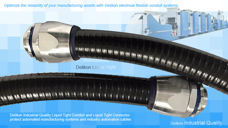 Optimize the reliability of your manufacturing assets with Delikon electrical flexible conduit systems. Introducing Delikon Industrial Quality Liquid Tight Conduit and Liquid Tight Connector.