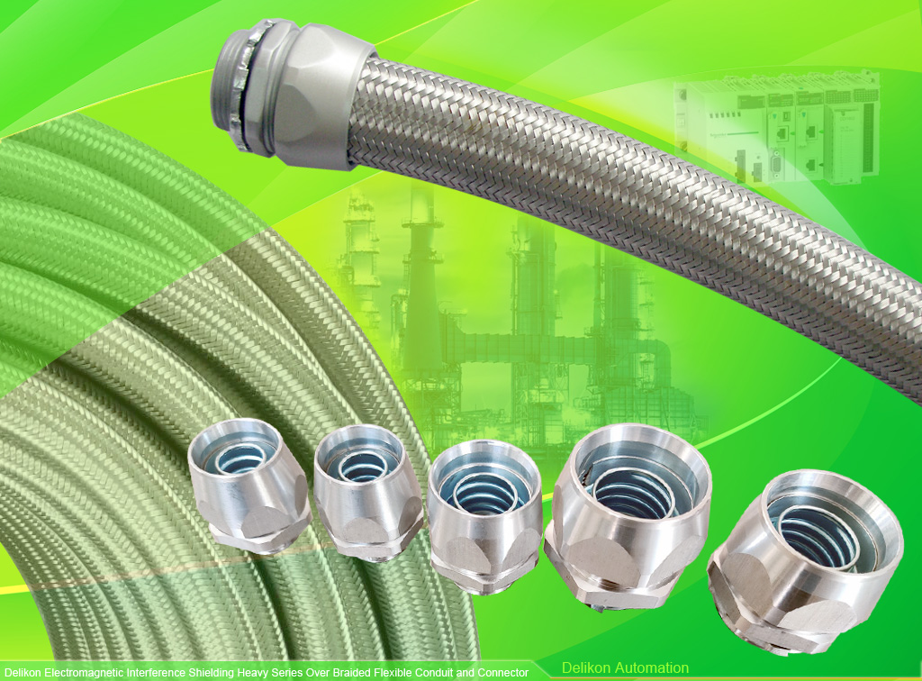 Delikon Electromagnetic Interference Shielding Heavy Series Over Braided Flexible Conduit and Heavy Series Connector protect motion control cable, VFD Cable, and automation cable of Automotive and Tire industry, Cement Industry, Chemical industry, Oil and Gas Industry, Semiconductor industry, battery industry and Mining industry 