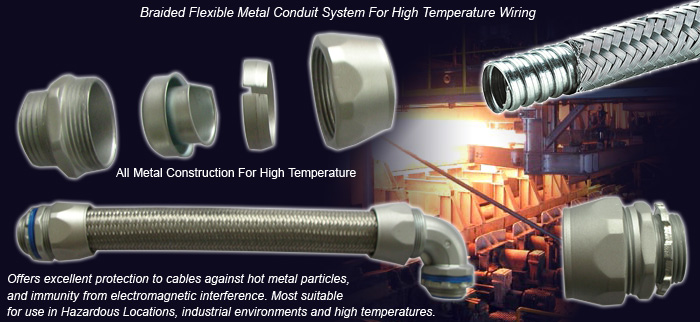 Over Braided Flexible Metal Conduit and Conduit Fittings For metal industry High Temperature Wiring
