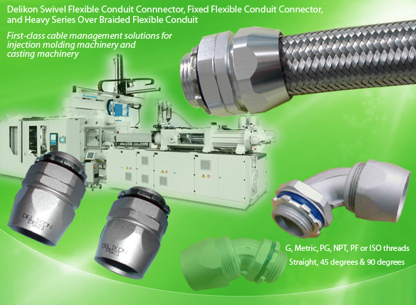 Delikon Swivel Flexible Conduit Connnector,Fixed Conduit Connector, and Heavy Series Over Braided Flexible Conduit for Injection Molding Machinery, Casting Machine cable management
