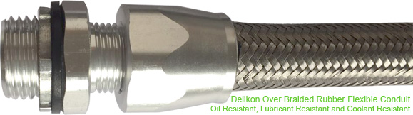 Delikon Oil Resistant, Lubricant Resistant and Coolant Resistant Over Braided Rubber Flexible Conduit and Heavy Series Flexible Conduit Fittings protect Servo Feedback Cable,Servo Power Cable,Servo Drive Command Cable,Spindle Feedback Cable,Spindle Power Cable,CRT MDI Cables.Delikon Oil Resistant Over Braided Flexible Rubber Conduit protects Machine Tool Wire MTW.