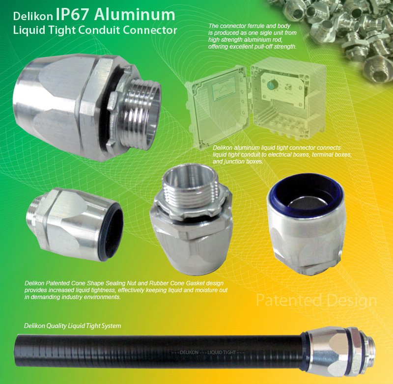 Delikon aluminum liquid tight connector connects liquid tight conduit to electrical box, terminal box, junction box and control panel. Delikon Patented Cone Shape Sealing Nut and Rubber Cone Gasket design provides increased liquid tightness, effectively keeping liquid and moisture out in demanding industry environments. The ferrule and body is machined as one sigle unit from high strength aluminium rod, offering excellent pull-off strength. Most suitable for industry automation cable protection.